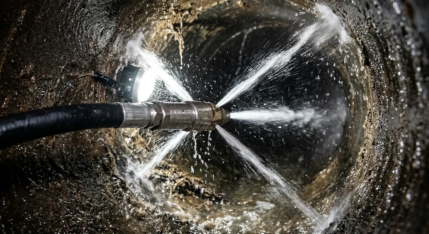 High-pressure hydro jetting nozzle cleaning sewer pipe for Sewer Line Relining in Campbellsville