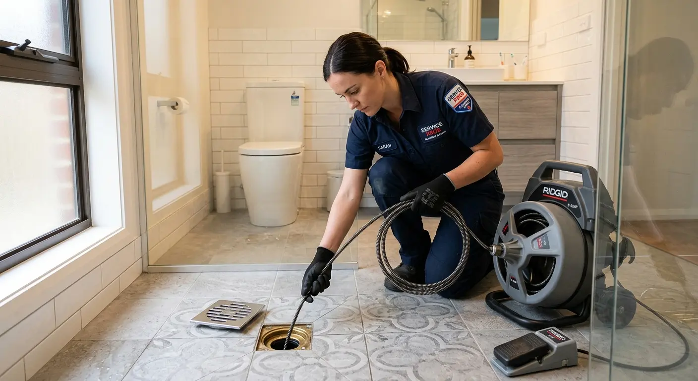 Technician clearing a bathroom floor drain for Drain Repair in Campbellsville